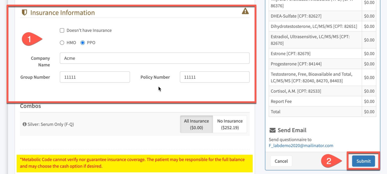 Ordering Assessments with Labs, with Insurance
